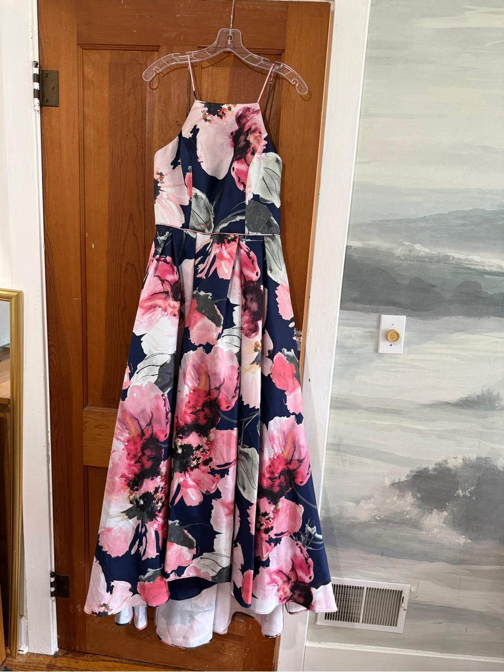 Betsy & Adam Navy Floral Halter Evening Dress with Pink Blooms